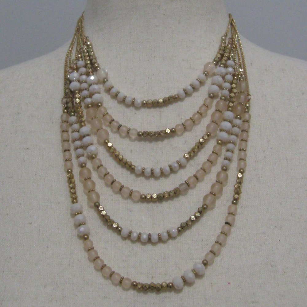 Pale Blush Pink & Gold Beaded Multi Stand Statement Necklace